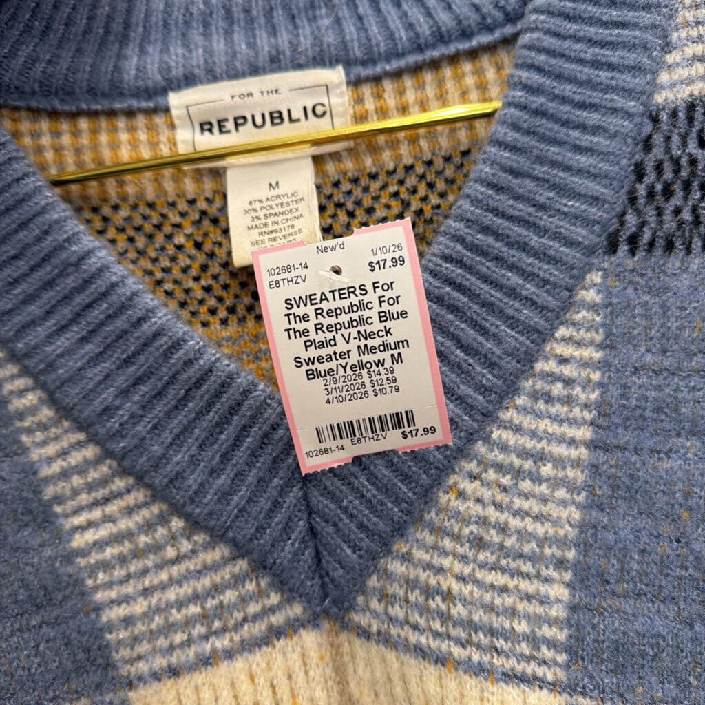 For The Republic Blue Plaid V-Neck Sweater Medium