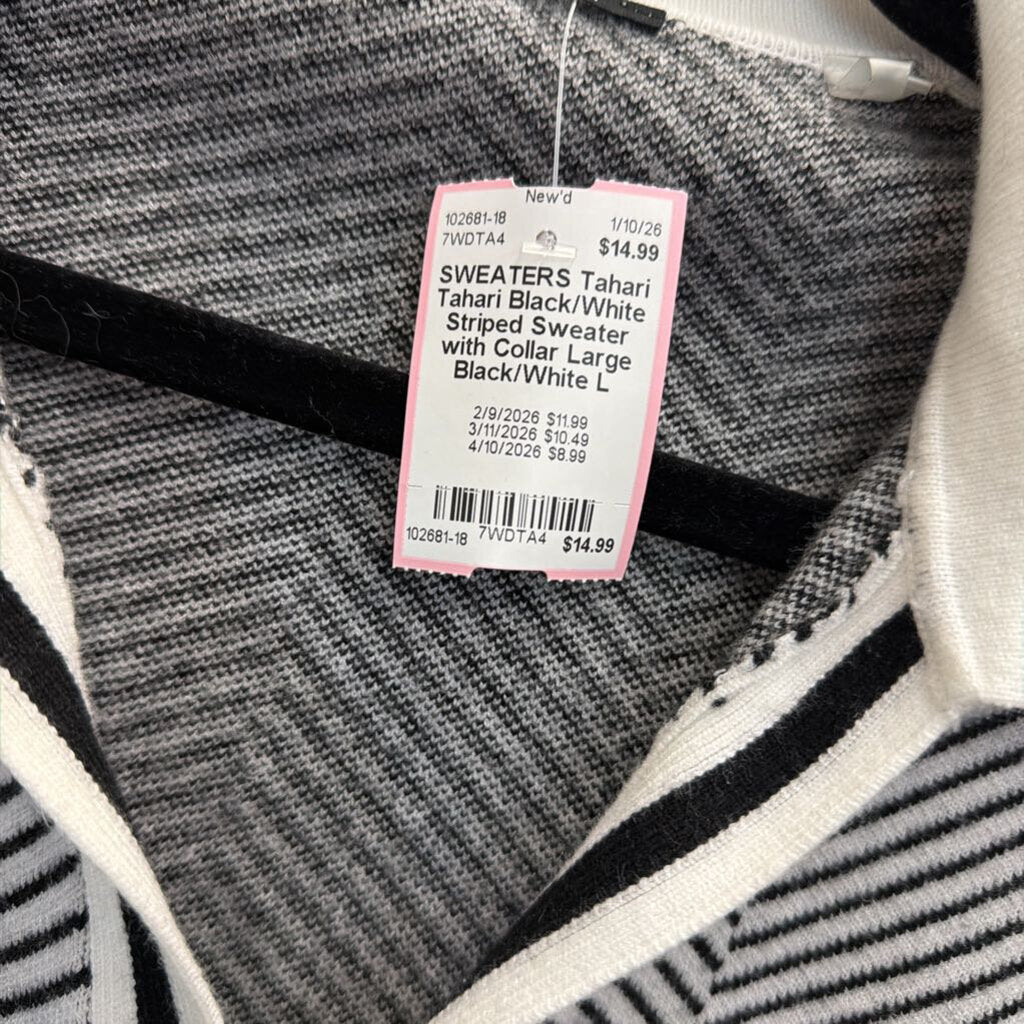 Tahari Black/White Striped Sweater with Collar Large