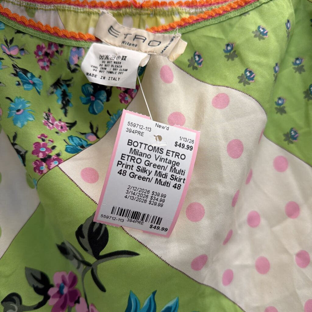 Vintage ETRO Green/ Multi Print Silky Midi Skirt 48