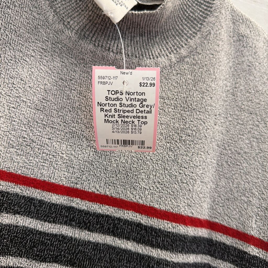 Vintage Norton Studio Grey/ Red Striped Detail Knit Sleeveless Mock Neck Top Large