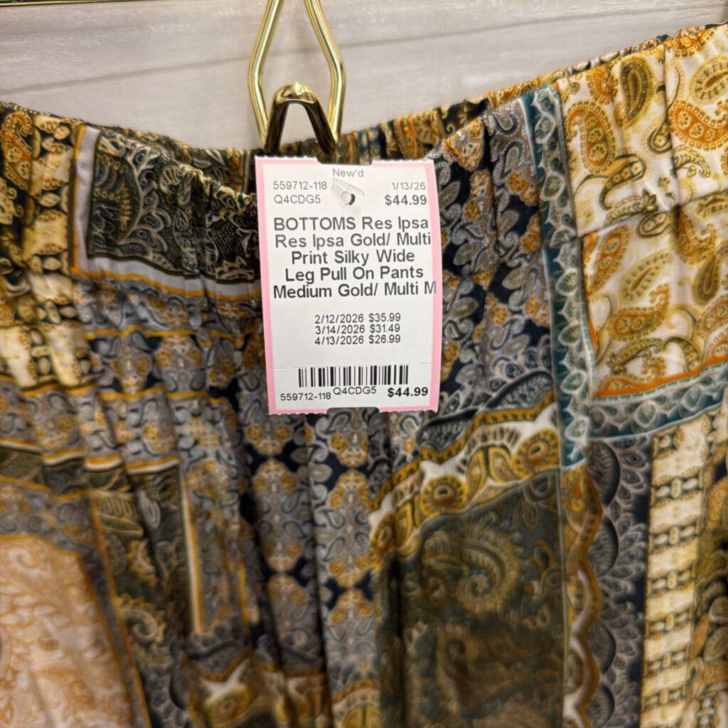Res Ipsa Gold/ Multi Print Silky Wide Leg Pull On Pants Medium