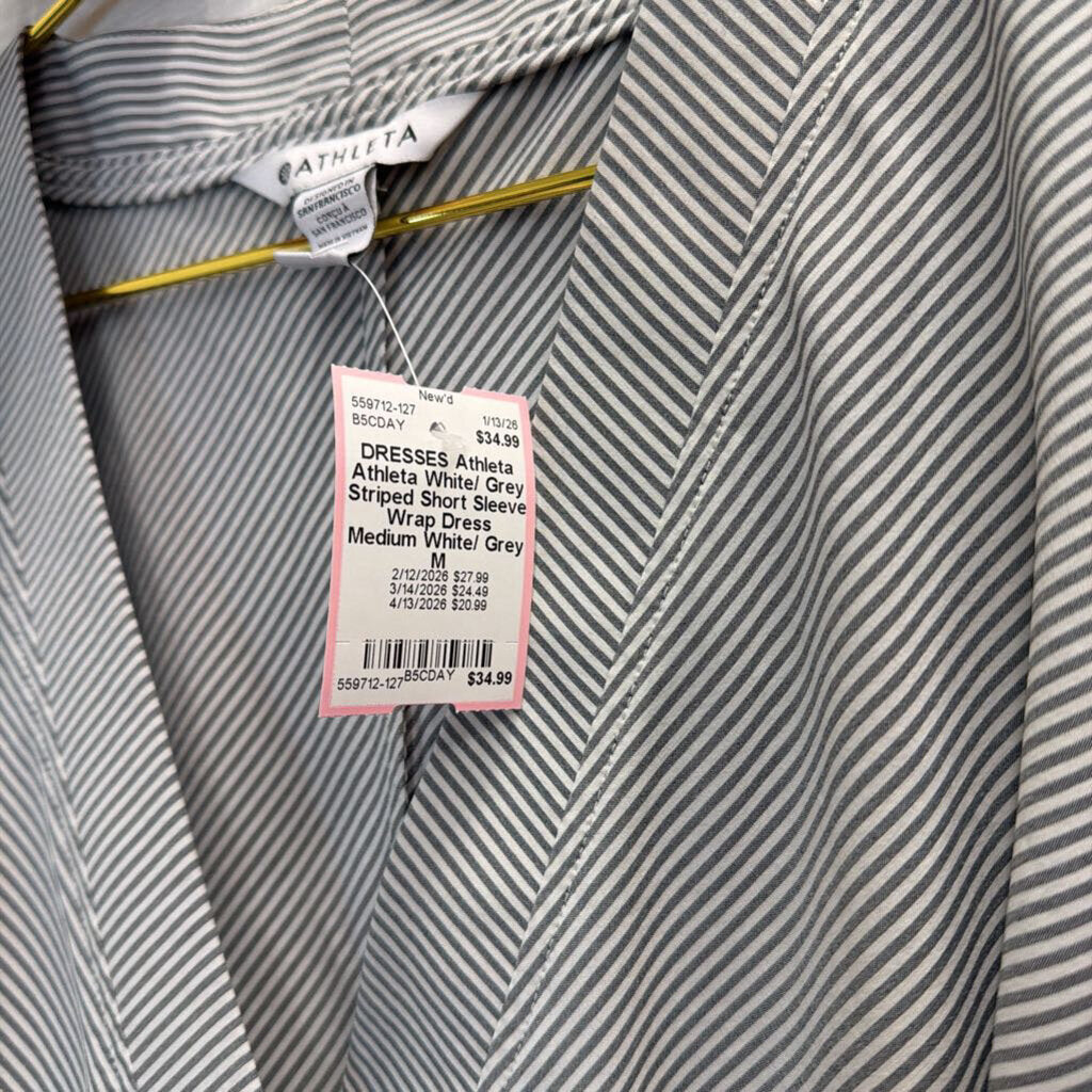 Athleta White/ Grey Striped Short Sleeve Wrap Dress Medium