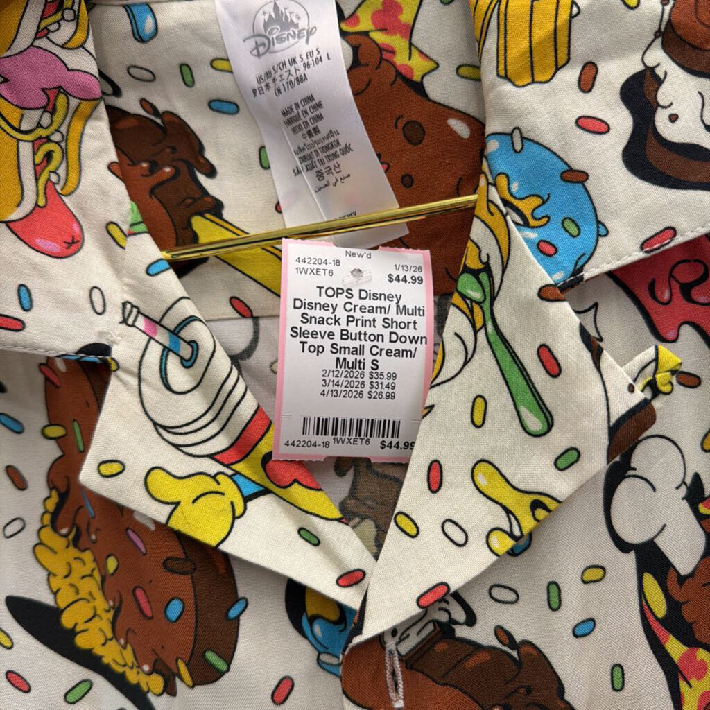 Disney Cream/ Multi Snack Print Short Sleeve Button Down Top Small