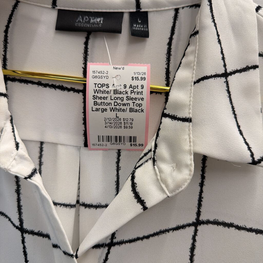 Apt 9 White/ Black Print Sheer Long Sleeve Button Down Top Large