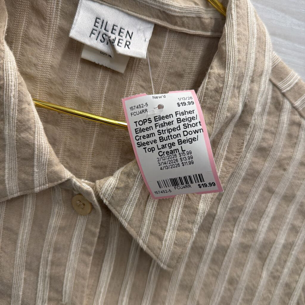 Eileen Fisher Beige/ Cream Striped Short Sleeve Button Down Top Large