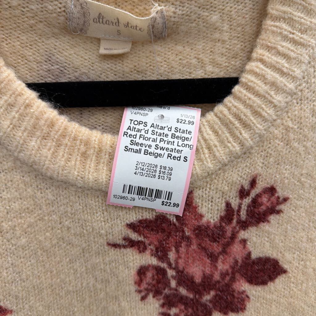 Altar'd State Beige/ Red Floral Print Long Sleeve Sweater Small