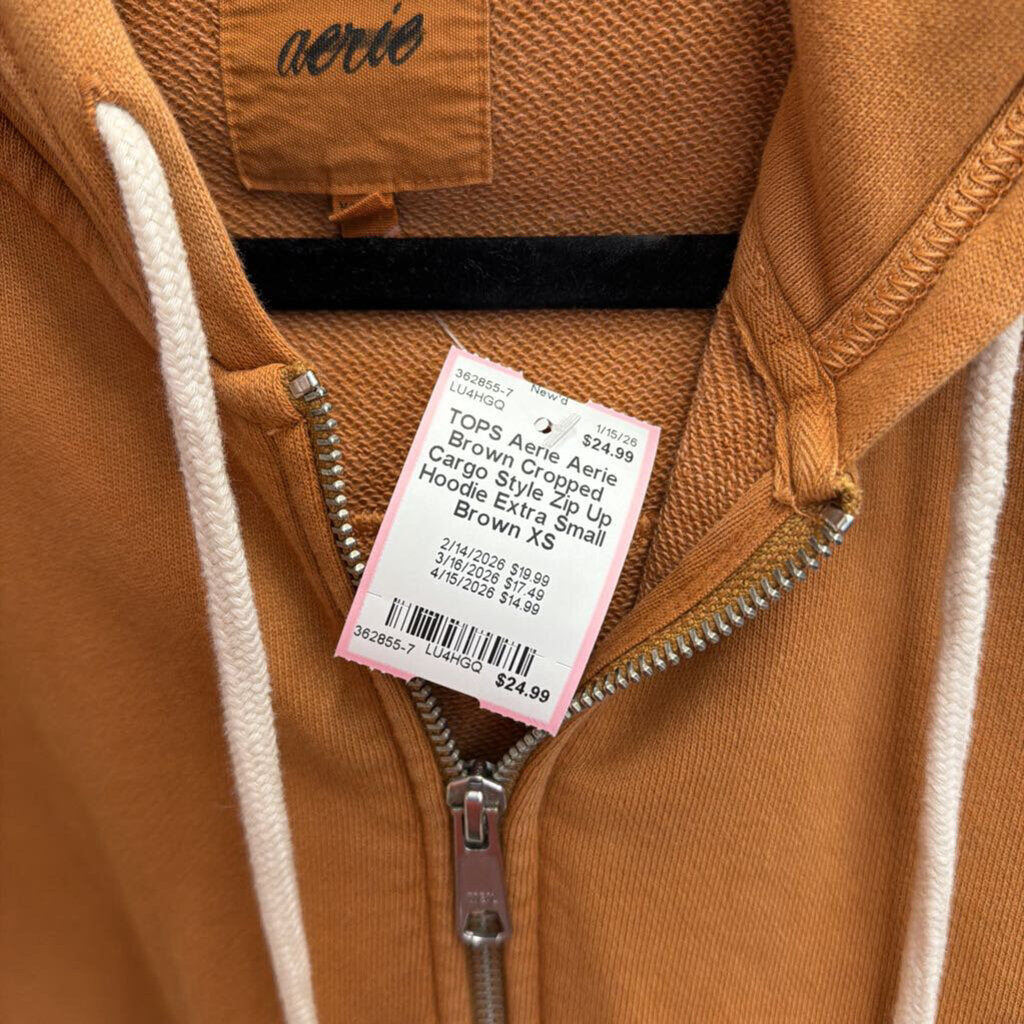 Aerie Brown Cropped Cargo Style Zip Up Hoodie Extra Small