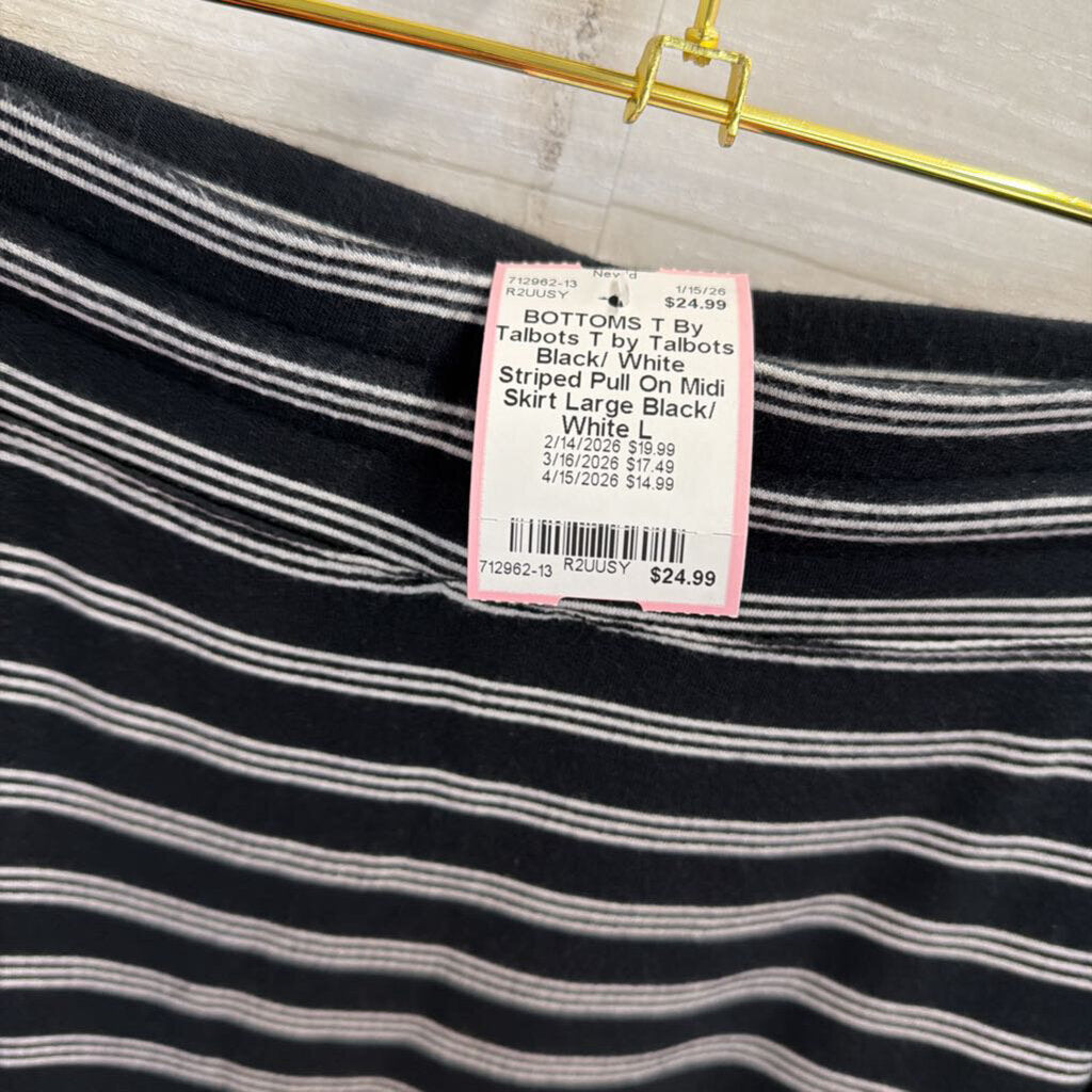 T by Talbots Black/ White Striped Pull On Midi Skirt Large