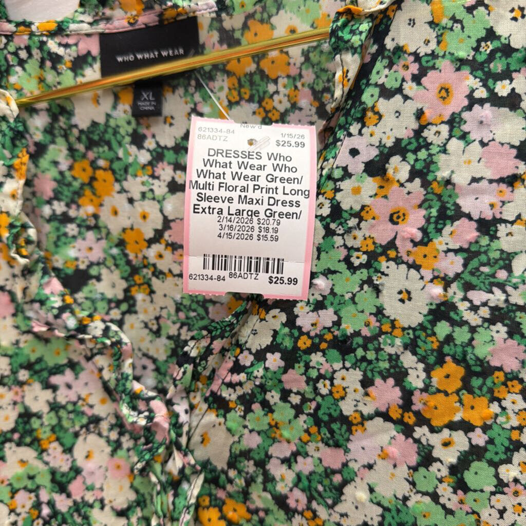 Who What Wear Green/ Multi Floral Print Long Sleeve Maxi Dress Extra Large