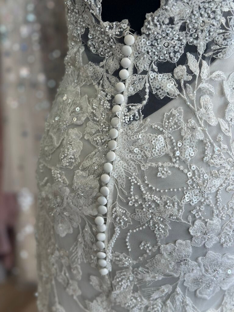 Oyster/ Ivory Beaded Lace V Neck Bridal Gown 14