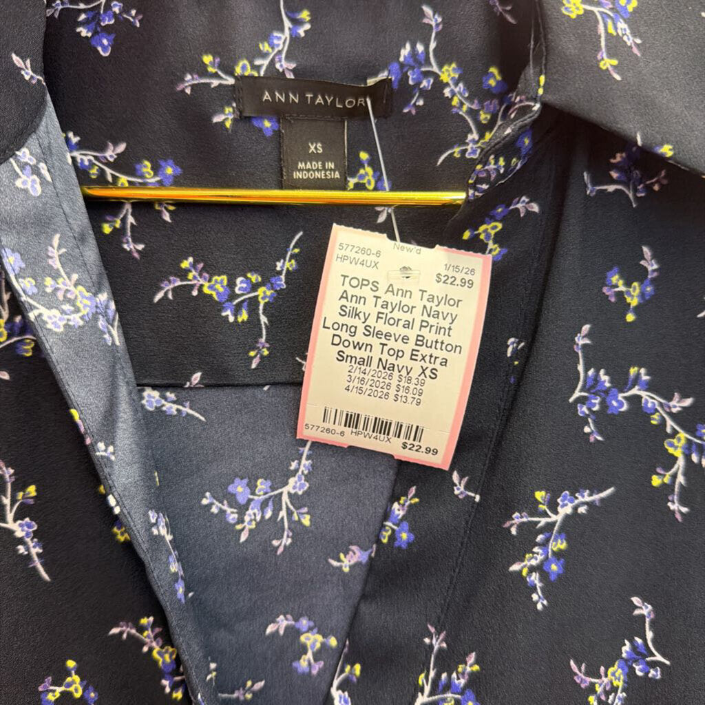 Ann Taylor Navy Silky Floral Print Long Sleeve Button Down Top Extra Small