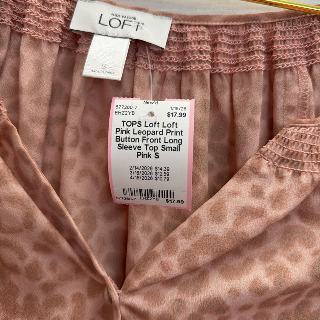 Loft Pink Leopard Print Button Front Long Sleeve Top Small