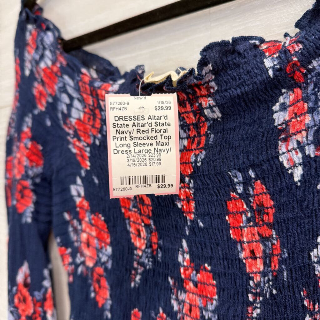 Altar'd State Navy/ Red Floral Print Smocked Top Long Sleeve Maxi Dress Large