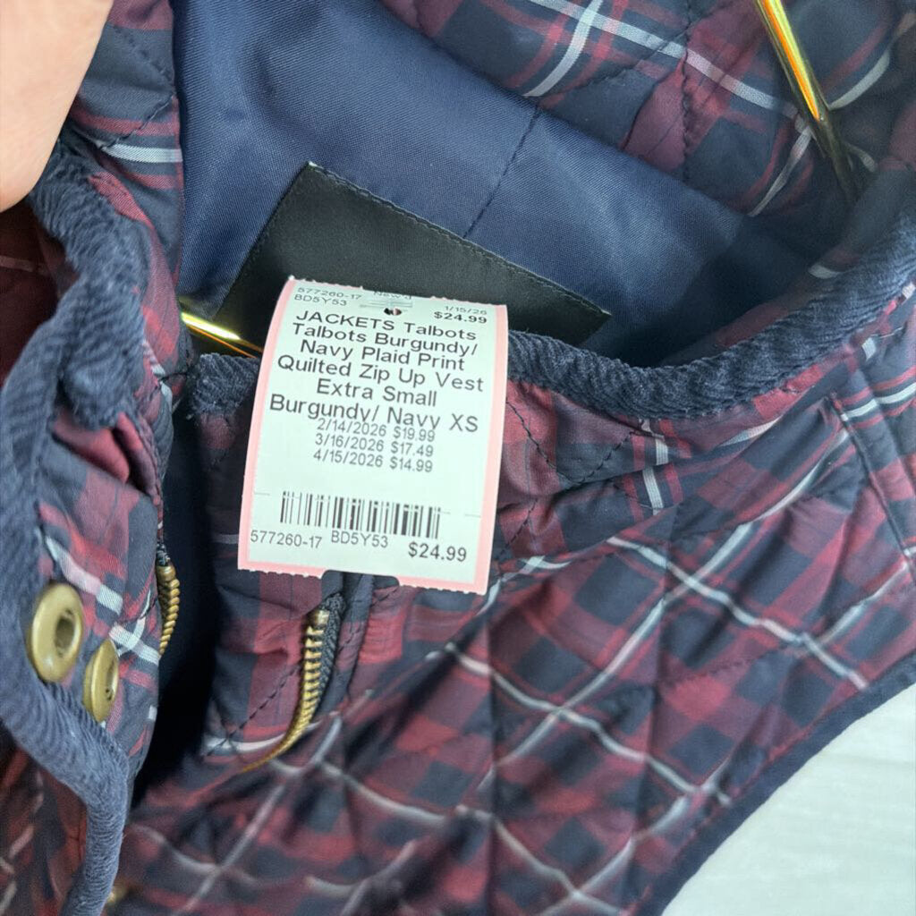 Talbots Burgundy/ Navy Plaid Print Quilted Zip Up Vest Extra Small