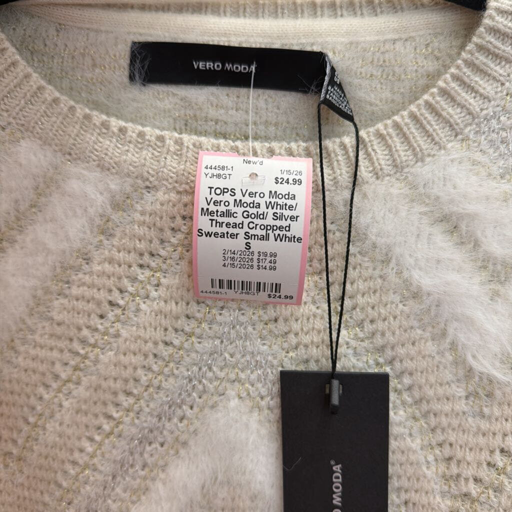 Vero Moda White/ Metallic Gold/ Silver Thread Cropped Sweater Small