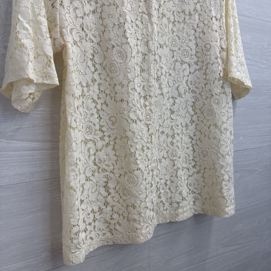 Loft Cream Sheer Lace Short Sleeve Mock Neck Top Small