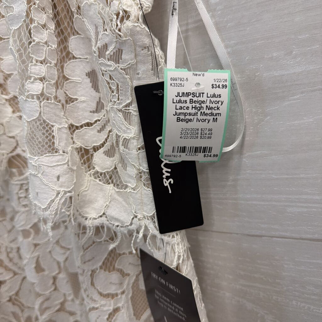 Lulus Beige/ Ivory Lace High Neck Jumpsuit Medium