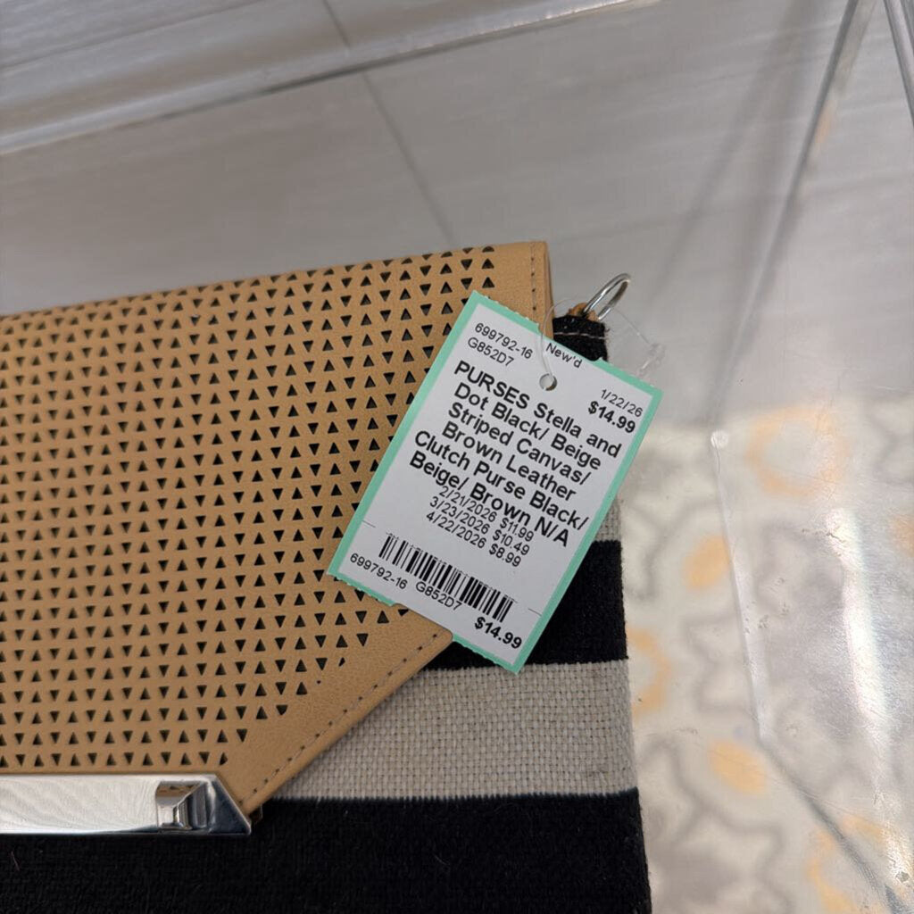 Black/ Beige Striped Canvas/ Brown Leather Clutch Purse