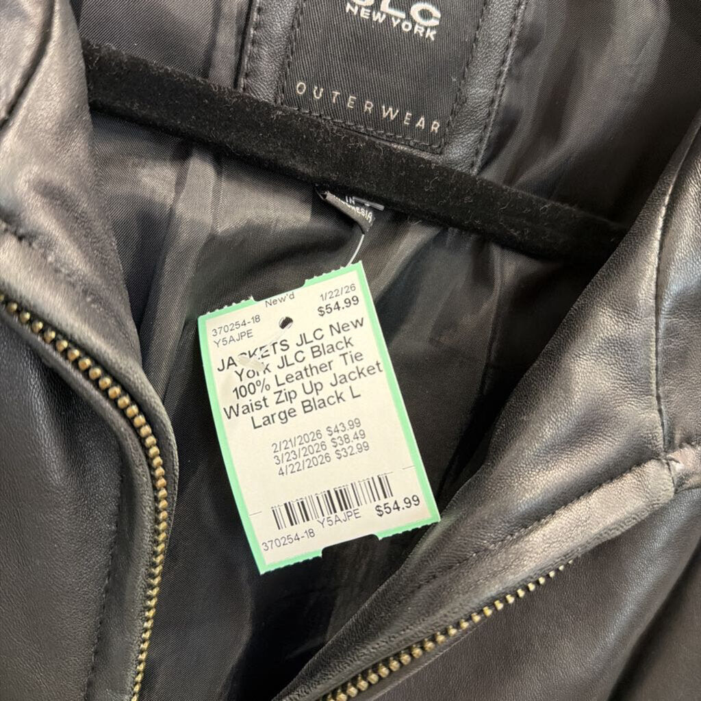 JLC Black 100% Leather Tie Waist Zip Up Jacket Large