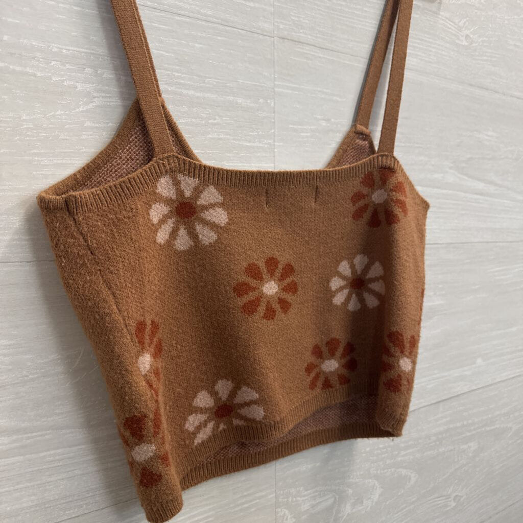 Altar'd State Brown Knit Flower Print Cropped Tank Top Medium