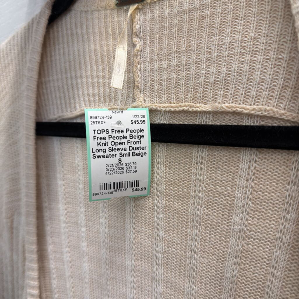 Free People Beige Knit Open Front Long Sleeve Duster Sweater Smll