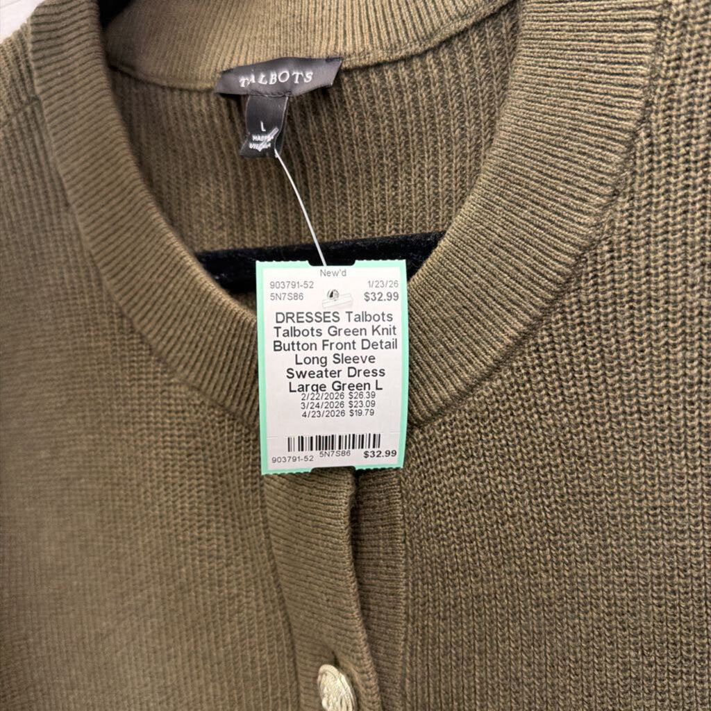 Talbots Green Knit Button Front Detail Long Sleeve Sweater Dress Large