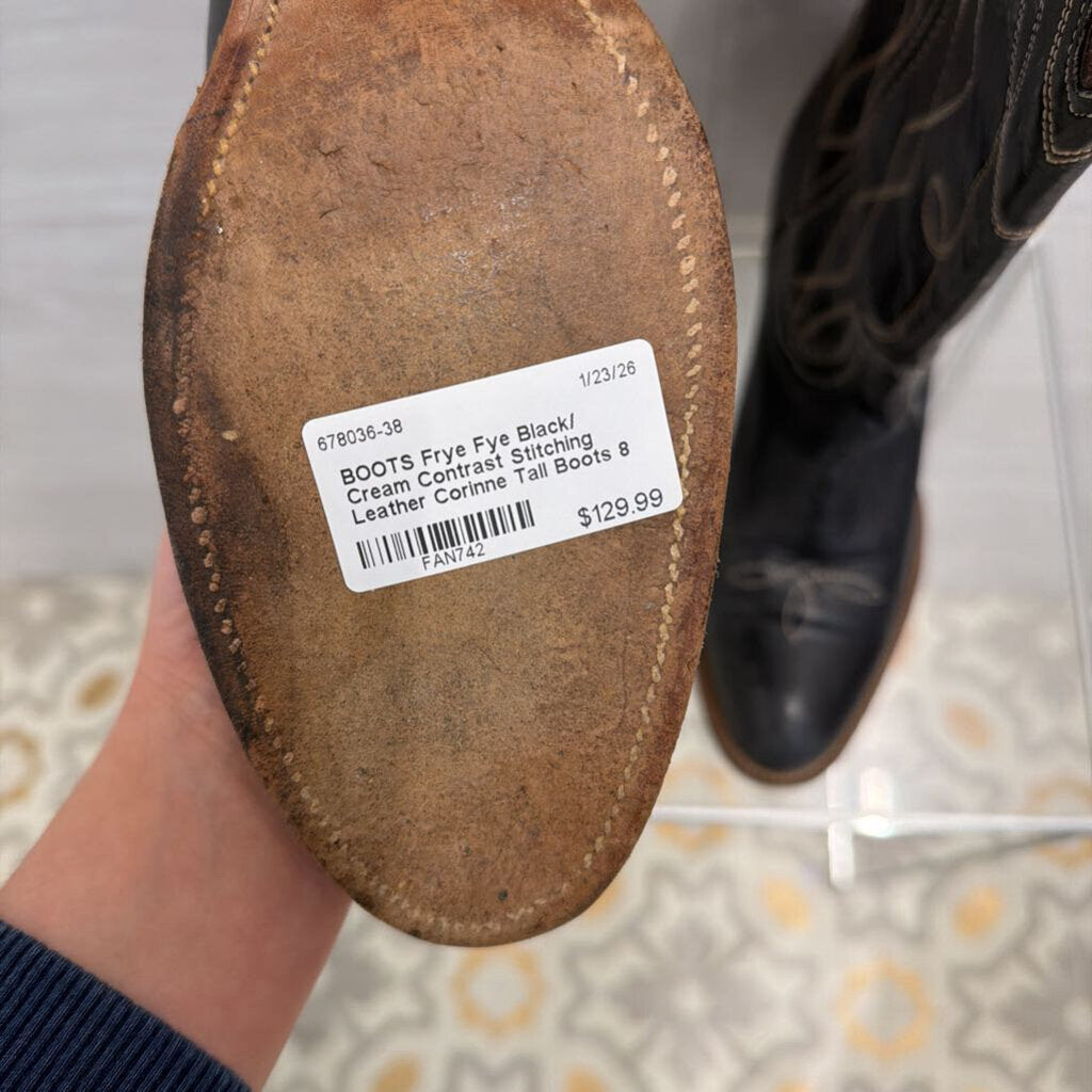 Fye Black/ Cream Contrast Stitching Leather Corinne Tall Boots 8