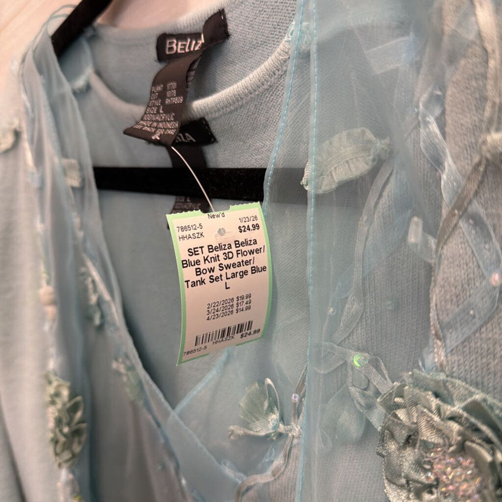 Beliza Blue Knit 3D Flower/ Bow Sweater/ Tank Set Large