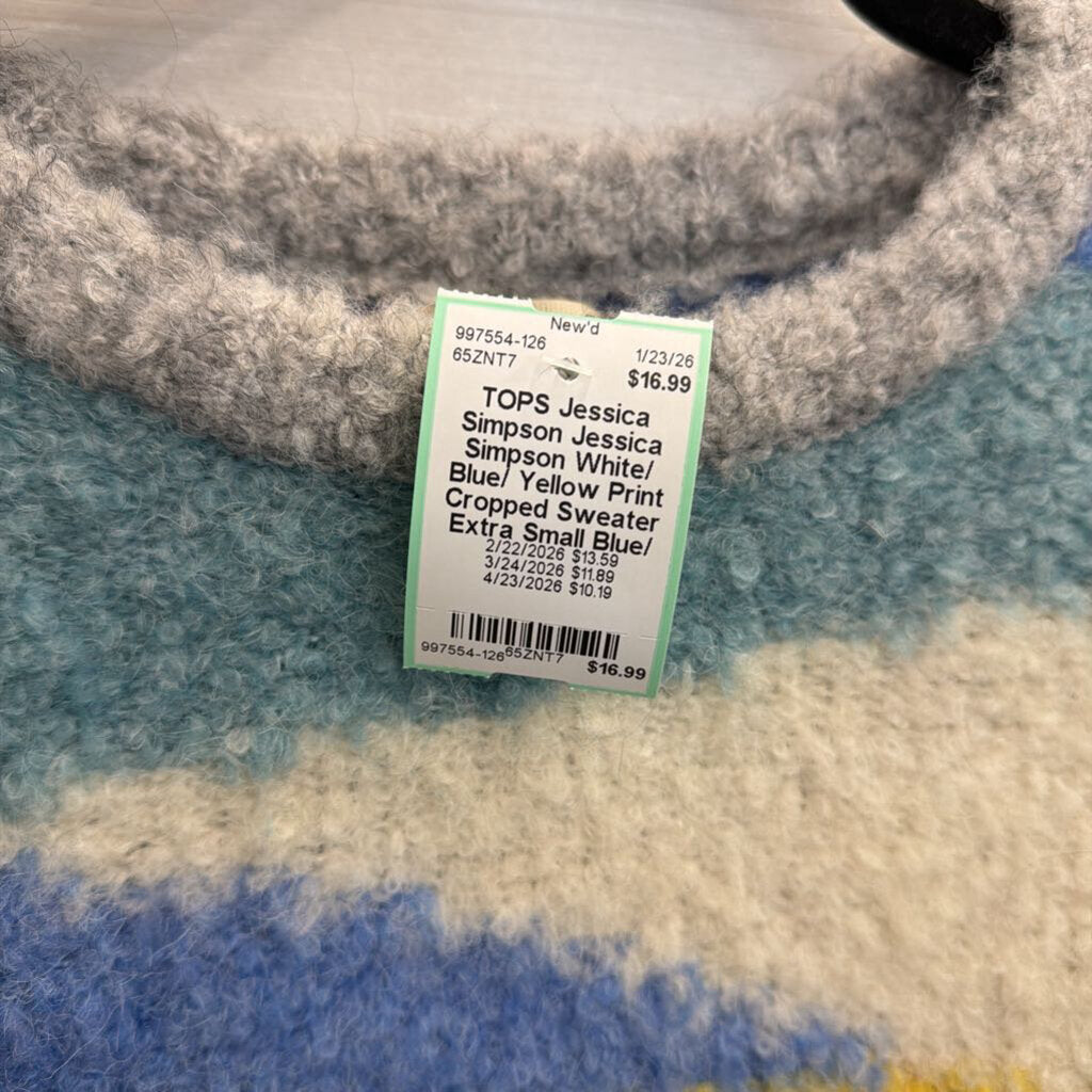 Jessica Simpson White/ Blue/ Yellow Print Cropped Sweater Extra Small
