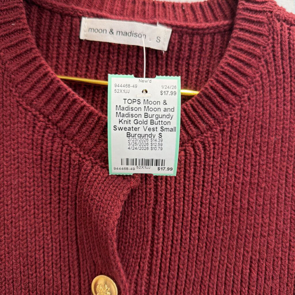 Moon and Madison Burgundy Knit Gold Button Sweater Vest Small