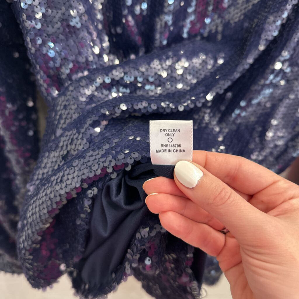 Dee Elly Blue Sequin Long Sleeve Button Down Top Large