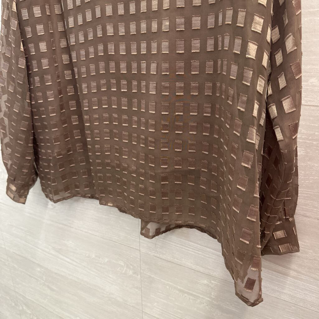 Joanna Brown Square Print Long Sleeve Button Down Top 2X