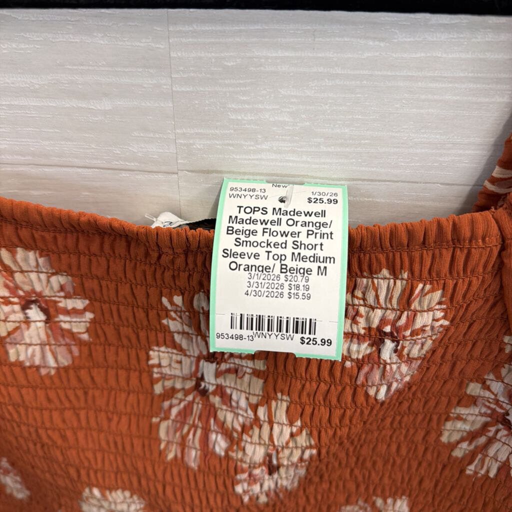 Madewell Orange/ Beige Flower Print Smocked Short Sleeve Top Medium