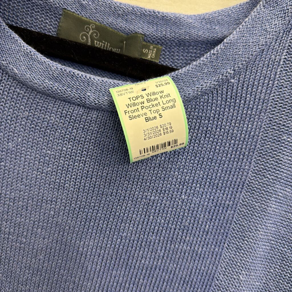 Willow Blue Knit Front Pocket Long Sleeve Top Small