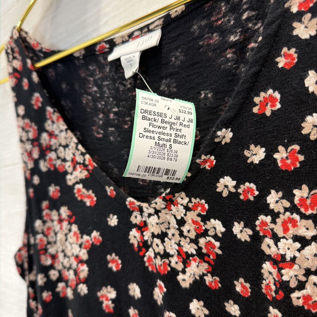 J Jill Black/ Beige/ Red Flower Print Sleeveless Shift Dress Small