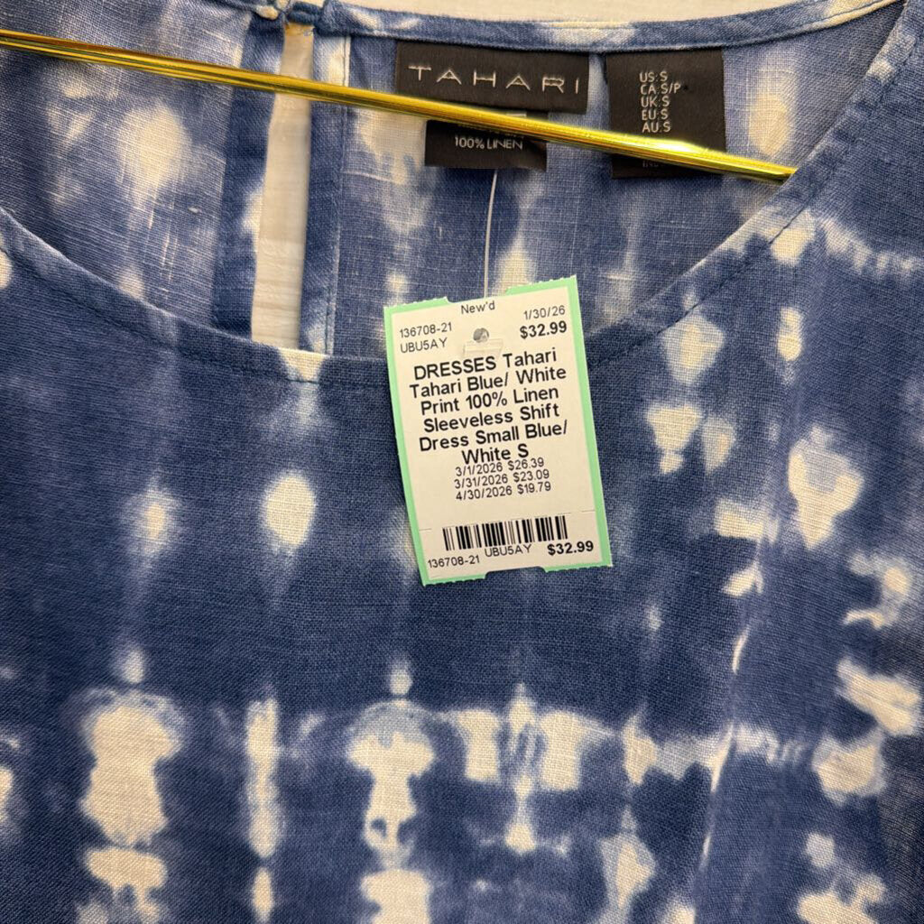Tahari Blue/ White Print 100% Linen Sleeveless Shift Dress Small