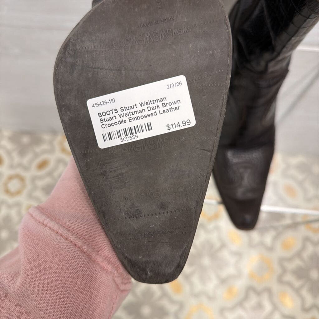 Stuart Weitzman Dark Brown Crocodile Embossed Leather Western Heeled Boots 9