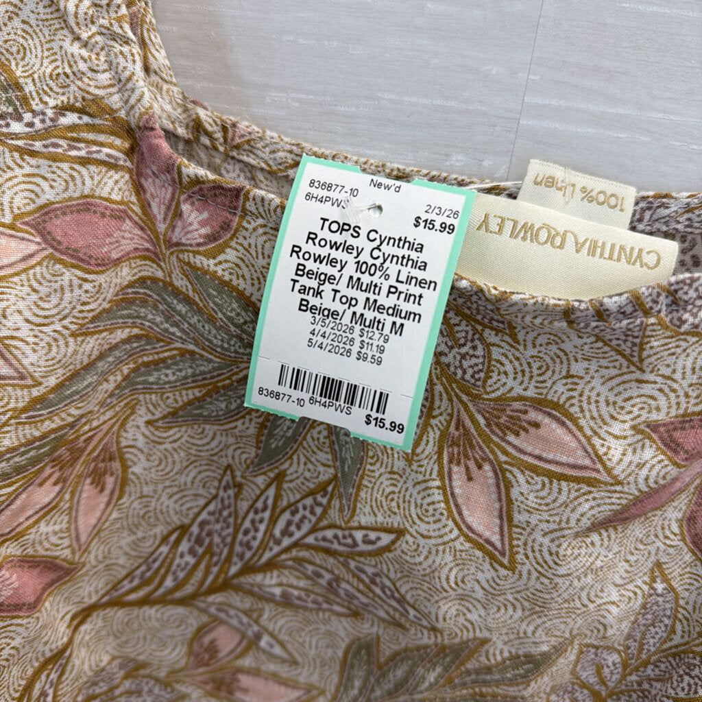 Cynthia Rowley 100% Linen Beige/ Multi Print Tank Top Medium