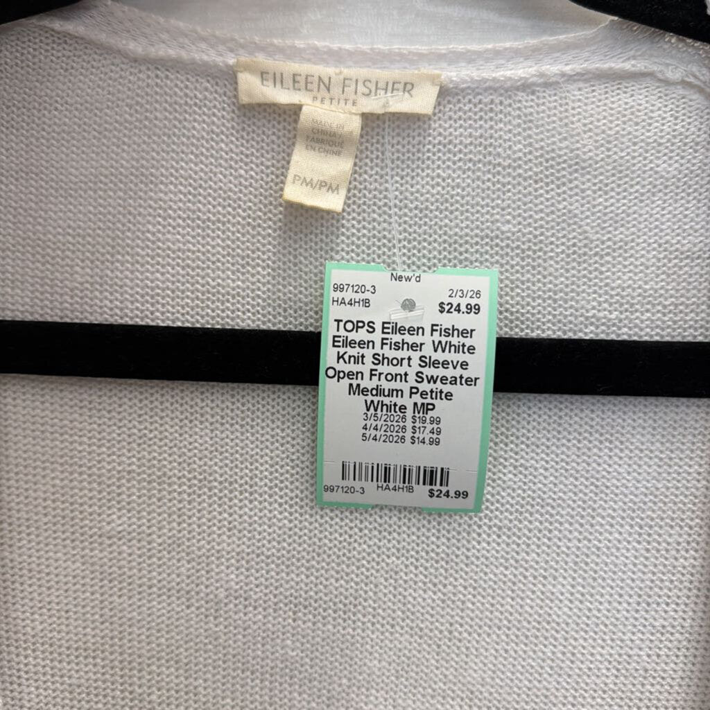 Eileen Fisher White Knit Short Sleeve Open Front Sweater Medium Petite