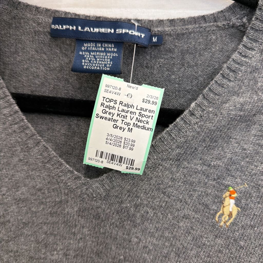 Ralph Lauren Sport Grey Knit V Neck Sweater Top Medium