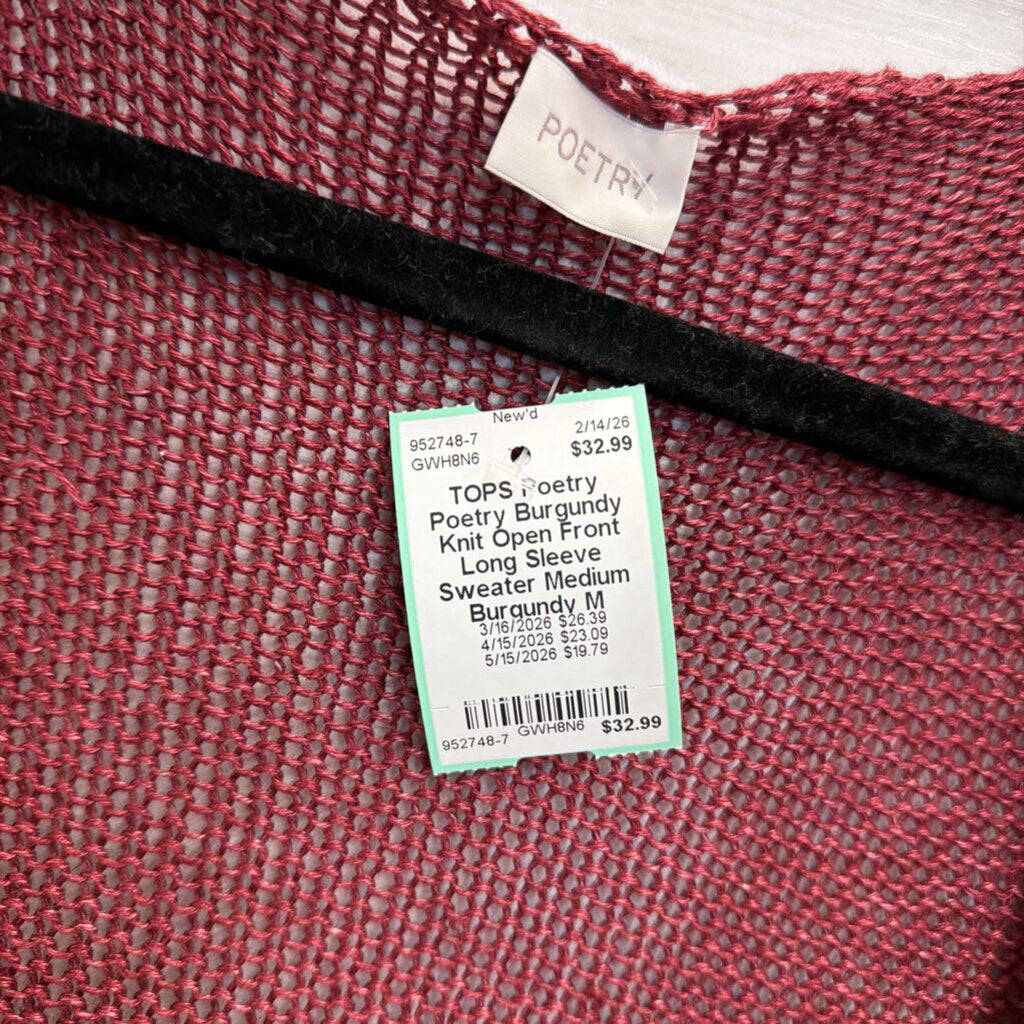 Poetry Burgundy Knit Open Front Long Sleeve Sweater Medium