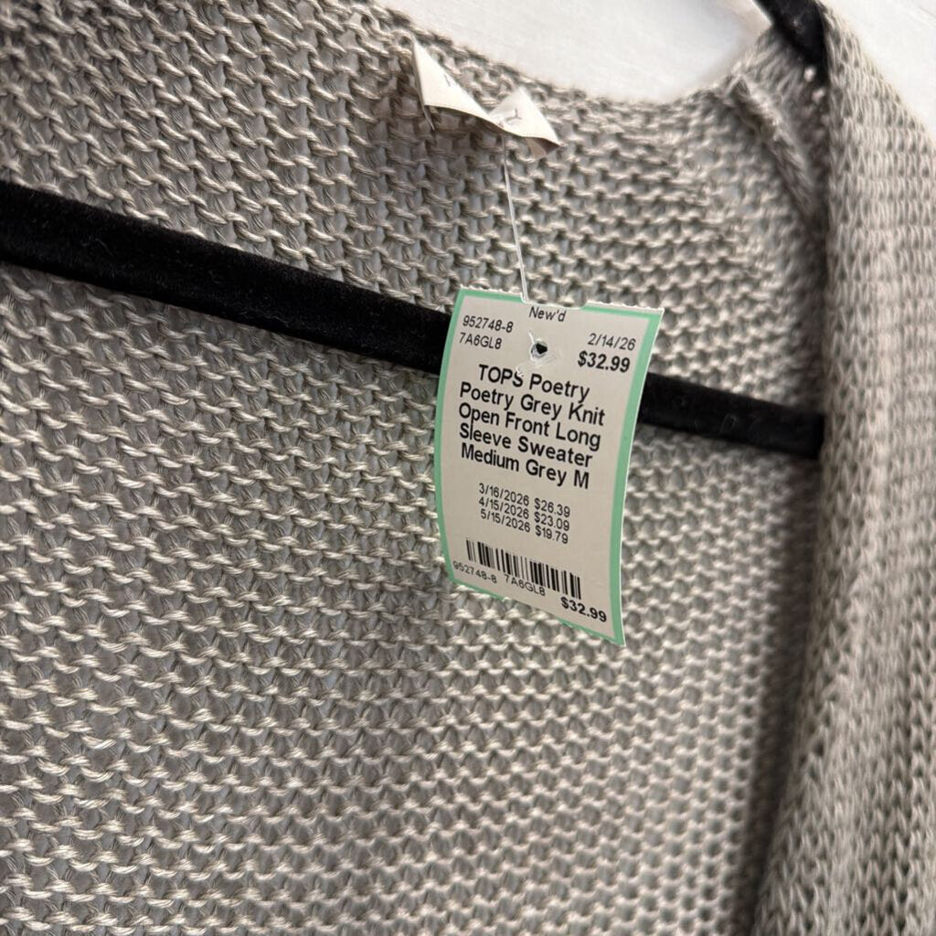 Poetry Grey Knit Open Front Long Sleeve Sweater Medium