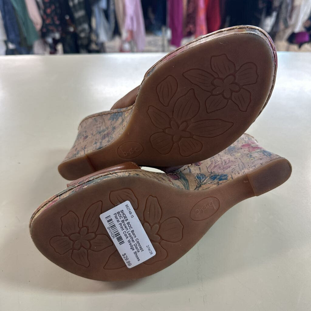 BOC Brown Leather Diana Floral Print Cork Wedge Shoes 9