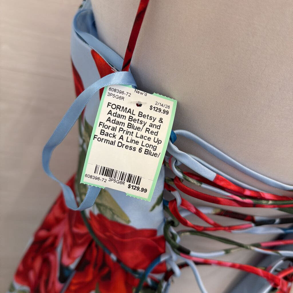 Betsy and Adam Blue/ Red Floral Print Lace Up Back A Line Long Formal Dress 6