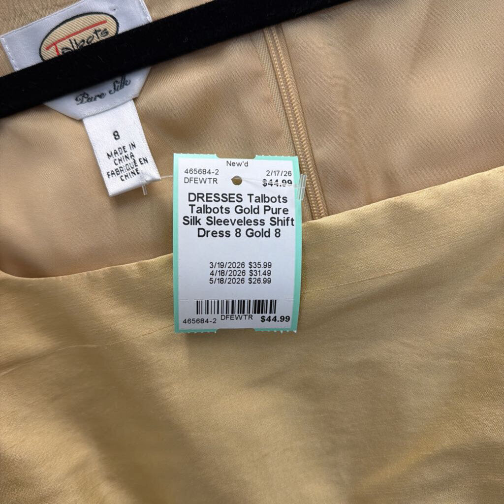 Talbots Gold Pure Silk Sleeveless Shift Dress 8
