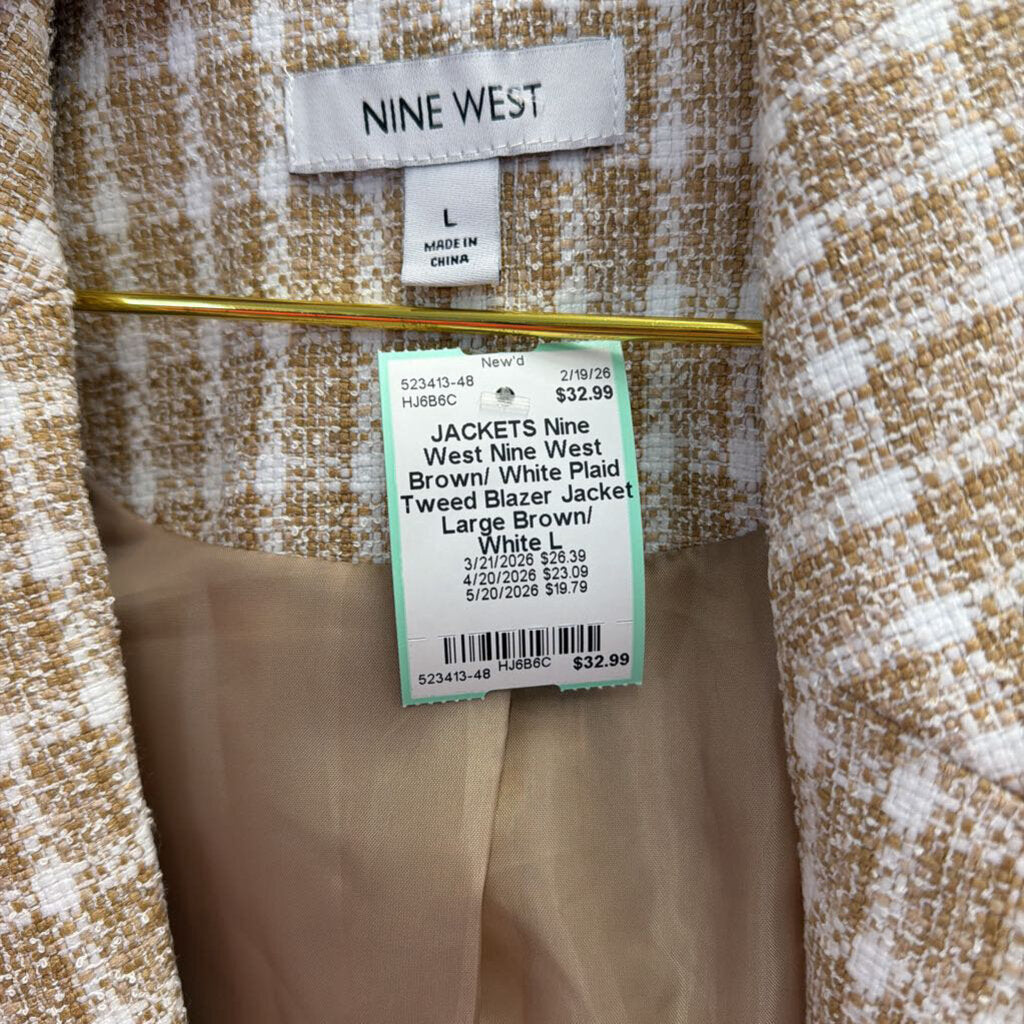 Nine West Brown/ White Plaid Tweed Blazer Jacket Large