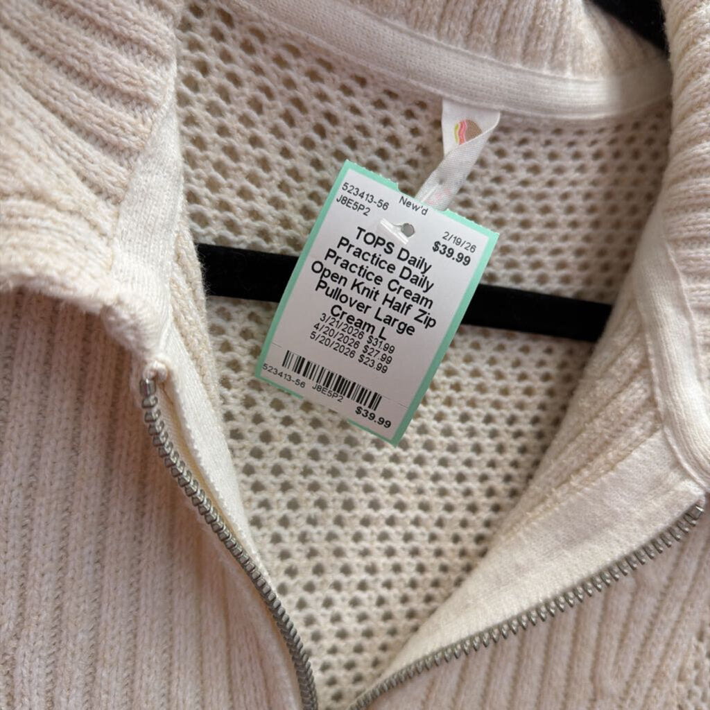 Daily Practice Cream Open Knit Half Zip Pullover Large