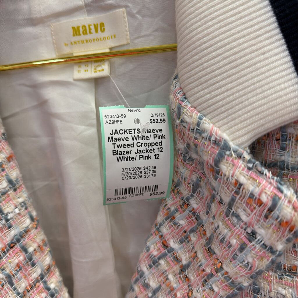 Maeve White/ Pink Tweed Cropped Blazer Jacket 12