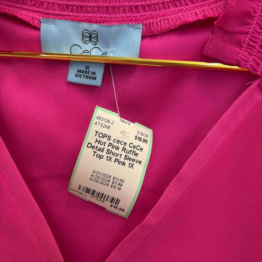 CeCe Hot Pink Ruffle Detail Short Sleeve Top 1X