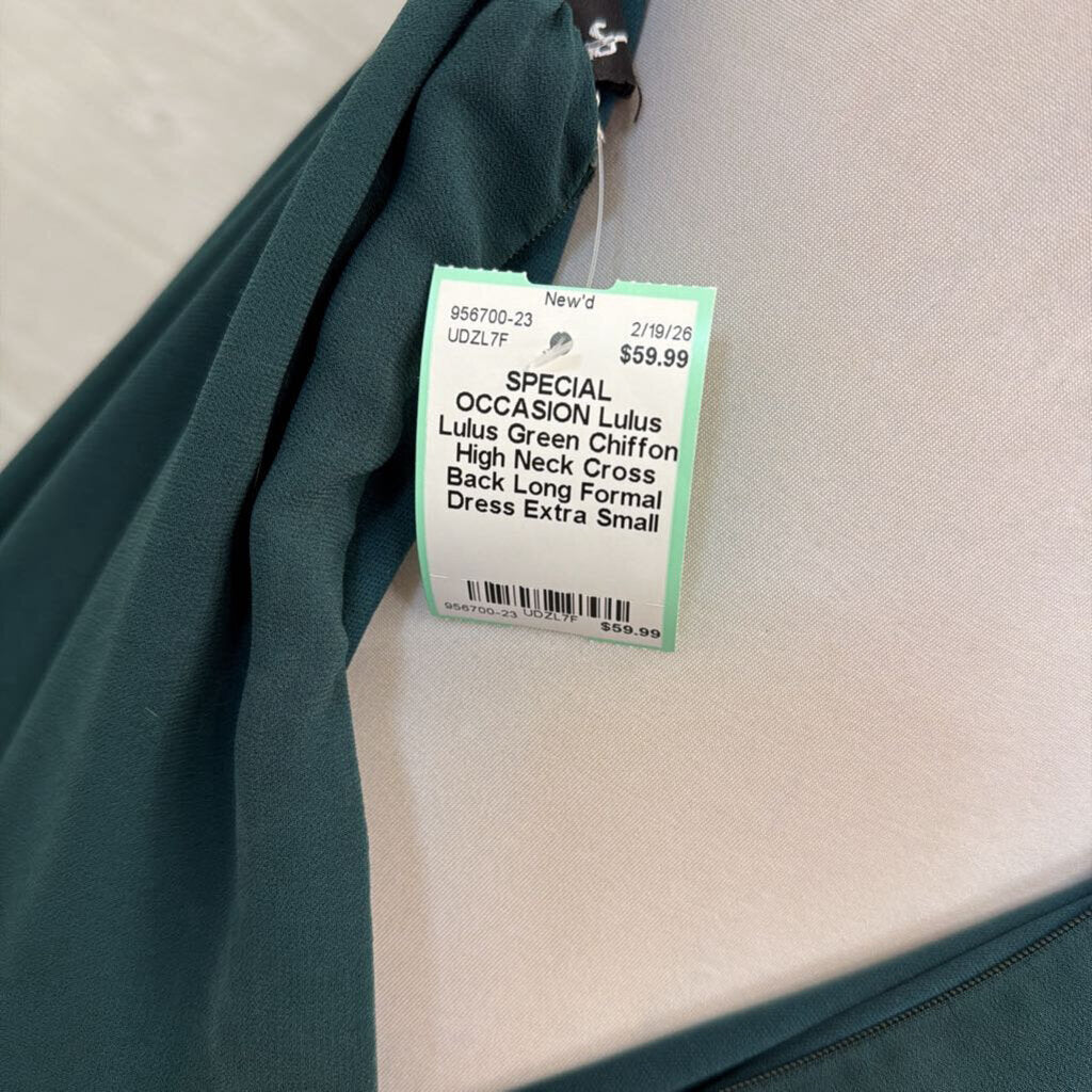 Lulus Green Chiffon High Neck Cross Back Long Formal Dress Extra Small